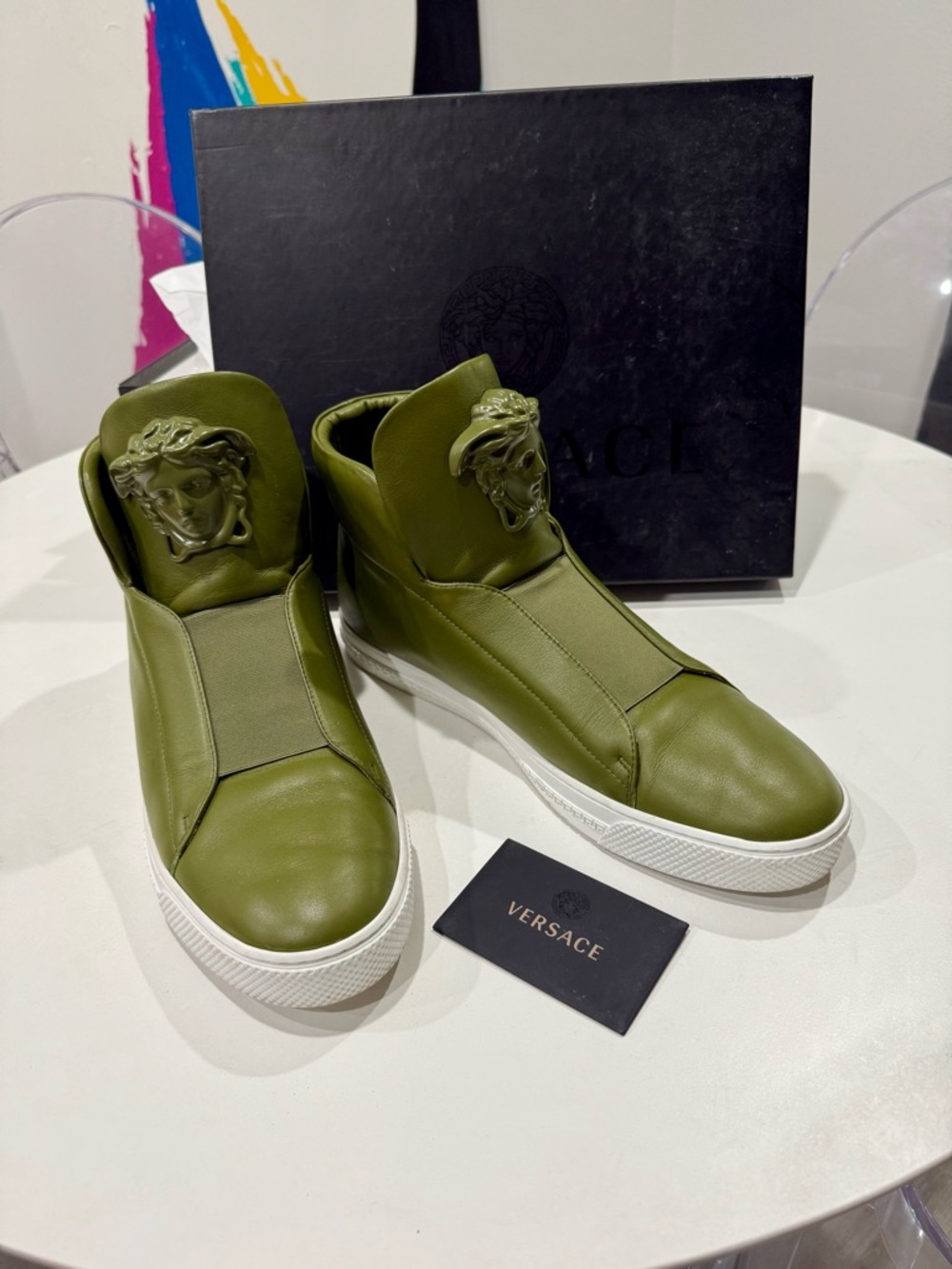 RARE Versace Palazzo Medusa High Top Sneakers Green Size 45 /12 W Box Bag Papers